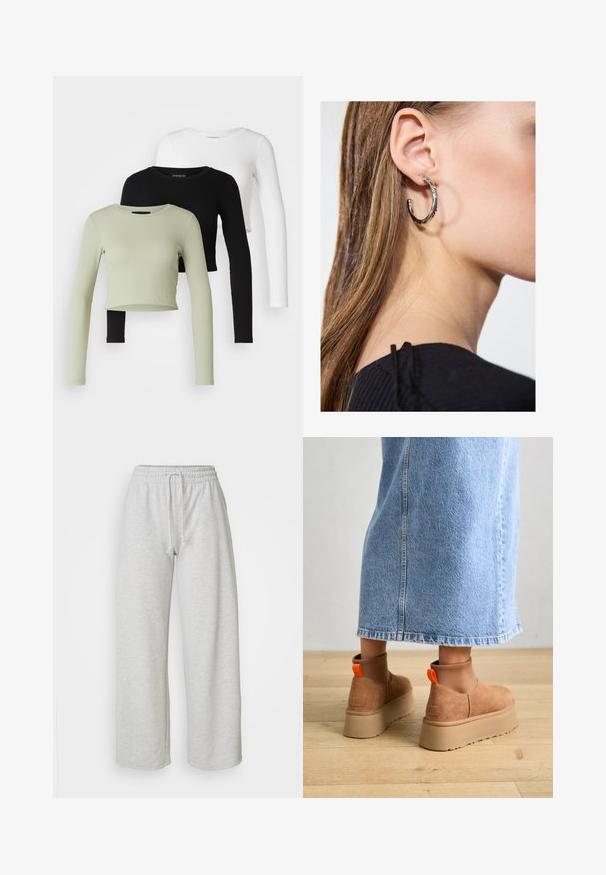 Even&Odd Petite 3 PACK - Long sleeved top - black/white/light green; Even&Odd Petite Tracksuit bottoms - mottled light grey; Brown suede platform boots with elastic side panels and orange pull tabs, paired with a knee-length light denim skirt on a wooden floor.; Silver hoop earring with a polished finish, featuring small gold accent details and a round shape, worn on the lobe.