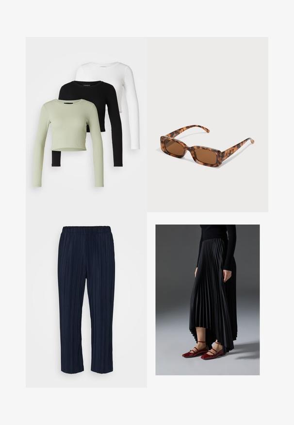 Even&Odd Petite 3 PACK - Langarmshirt - black/white/light green; Marineblaue, gefaltete Hose mit elastischem Bund, die vertikale Streifen hat und eine entspannte Passform bietet. Sie endet knapp über dem Knöchel.; Schwarzer, plissierter Rock mit einem High-Low-Saum, kombiniert mit glänzenden roten Ballerinas mit einem Riemen-Design. Der Stoff hat eine glatte Textur.; Schildpattsonnenbrille mit rechteckigen, braunen Gläsern, einem dicken Rahmen und schmalen Bügeln, die ein Muster aus verschiedenen Brauntönen aufweisen.; Silberne Creolen mit einer glatten, polierten Oberfläche. Runder Form und sicherem Klickverschluss. Leichtes Design, geeignet für den täglichen Gebrauch.