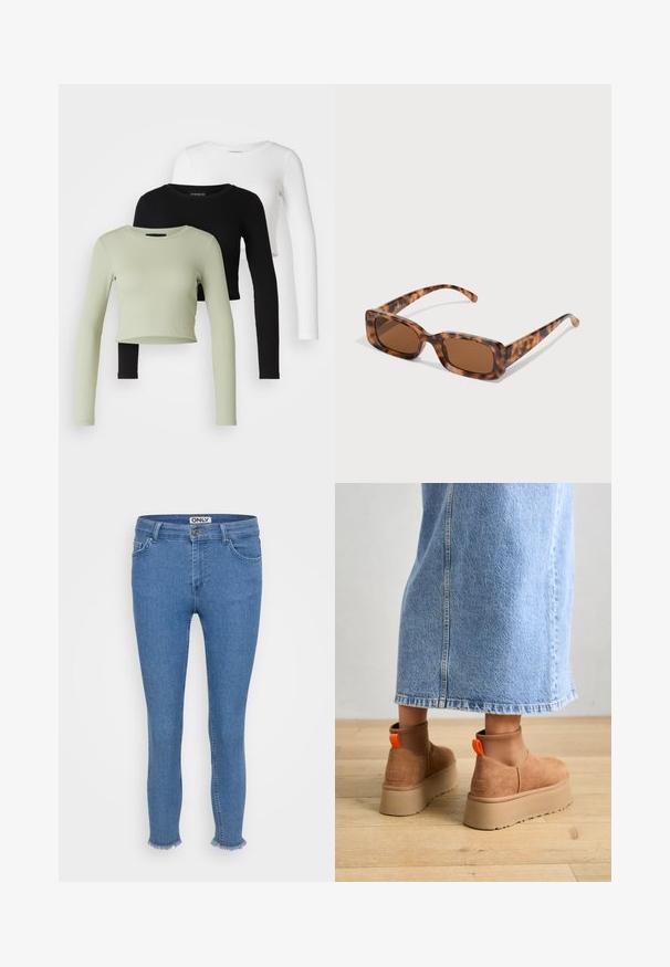 Even&Odd Petite 3 PACK - Hosszú ujjú felső - black/white/light green; Kék farmernadrág Slim fit szabással, kopott szárvéggel, hagyományos öt zsebes designtal, és márkás derékpánt-címkével.; Barna velúr platform csizmák elasztikus oldalsó panelekkel és narancssárga húzófülekkel, amelyek egy térdközépig érő világoskék farmer szoknyával vannak párosítva egy fás padlón.; Tarka mintás napszemüveg, téglalap alakú barna lencsékkel, vastag kerettel és vékony, különböző árnyalatú barna mintázattal ellátott szárakkal.