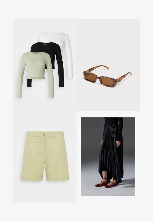 Even&Odd Petite 3 PACK - Bluză cu mânecă lungă - black/white/light green; Shorts din in verde deschis, cu închidere prin tombolă, textură netedă, tivuri răsucite și un design simplu, drept.; Fustă pliată neagră cu un tiv înalt-jos, asortată cu balerini roșii strălucitori cu un design cu curea. Tesătura are o textură netedă.; Ochelari de soare cu rama țestoasă, cu lentile rectangulare maro, o ramă groasă și brațe subțiri, prezentând un model cu nuanțe variate de maro.