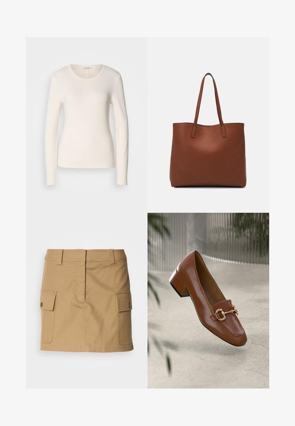 Dlhý rukáv tričko z krémového bavlneného materiálu, s okrúhlym výstrihom, priliehavým strihom a malým detailom loga blízko lemu. Hladká textúra.; Khaki bavlnená sukňa s priliehavým pásom, dvojitými bočnými vreckami so sklopnými uzávermi a rovný strih. Odolná tkanina s hladkou textúrou.; Hnedé lakované kožené loafers s hranatou špičkou, kovovým reťazovým akcentom a nízkym blokovým podpätkom; hladká textúra, minimalistický dizajn.; Hnedá kožená taška na rameno s hladkou textúrou, otvoreným vrchom a dvoma ramenými popruhmi. Má minimálne šitia a žiadne viditeľné kovania.