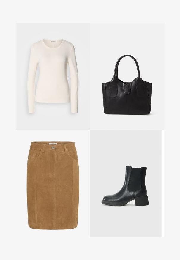Long-sleeve T-shirt in cream cotton, featuring a round neckline, fitted design, and a small logo detail near the hem. Smooth texture.; Brown suede pencil skirt with a smooth texture, front pockets, a button closure, and vertical seam details.; Black leather ankle boot with elastic side panels, rounded toe, and a low block heel. The surface has a smooth texture and minimal detailing.; Black leather tote bag with smooth texture, structured shape, two handles, and a prominent silver buckle detail on the front.