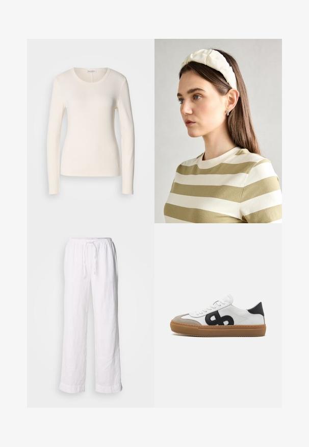 Long-sleeve T-shirt in cream cotton, featuring a round neckline, fitted design, and a small logo detail near the hem. Smooth texture.; White linen pants with a relaxed fit, elastic waistband, and drawstring. Features straight legs and rolled hems for a casual look.; White leather sneaker with black logo, suede accents, and gum sole. Features flat white laces and a rounded toe design.; Cream padded headband with twisted design, paired with a beige and white striped shirt featuring a round neckline. Subtle jewelry accents.