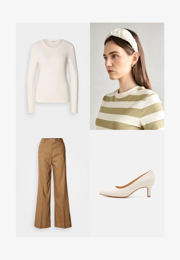 Long-sleeve T-shirt in cream cotton, featuring a round neckline, fitted design, and a small logo detail near the hem. Smooth texture.; Brown wide-leg pants made of lightweight fabric. Features a flat front, belt loops, and a tailored silhouette with an ankle-length cut.; White leather high heel shoe with a pointed toe and a slim, slightly angled heel. Smooth texture with a minimalist design and tan sole.; Cream padded headband with twisted design, paired with a beige and white striped shirt featuring a round neckline. Subtle jewelry accents.