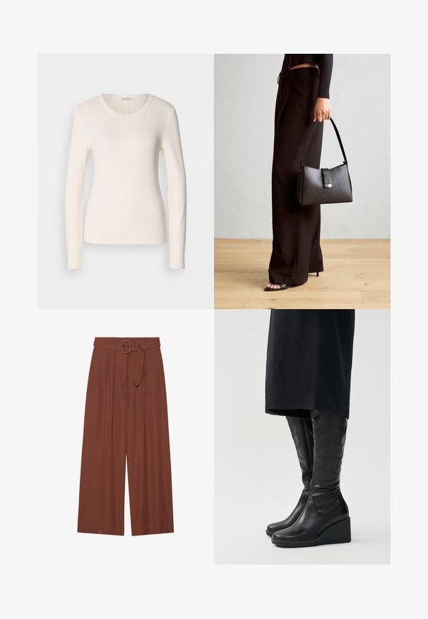 Camiseta de manga larga en algodón crema, con un cuello redondo, diseño ajustado y un pequeño detalle de logo cerca del dobladillo. Textura suave.; Pantalones de pierna ancha en tela marrón, con un cinturón de hebilla cuadrada, diseño plisado y textura suave.; Botas de cuero negro hasta la rodilla con tacón en cuña, que presentan una textura suave y una cremallera lateral. Diseñadas con una silueta ajustada y elegante.; Bolso negro con forma estructurada, textura suave y un cierre metálico. Combinado con pantalones anchos negros y sandalias de dedo en un suelo de madera.