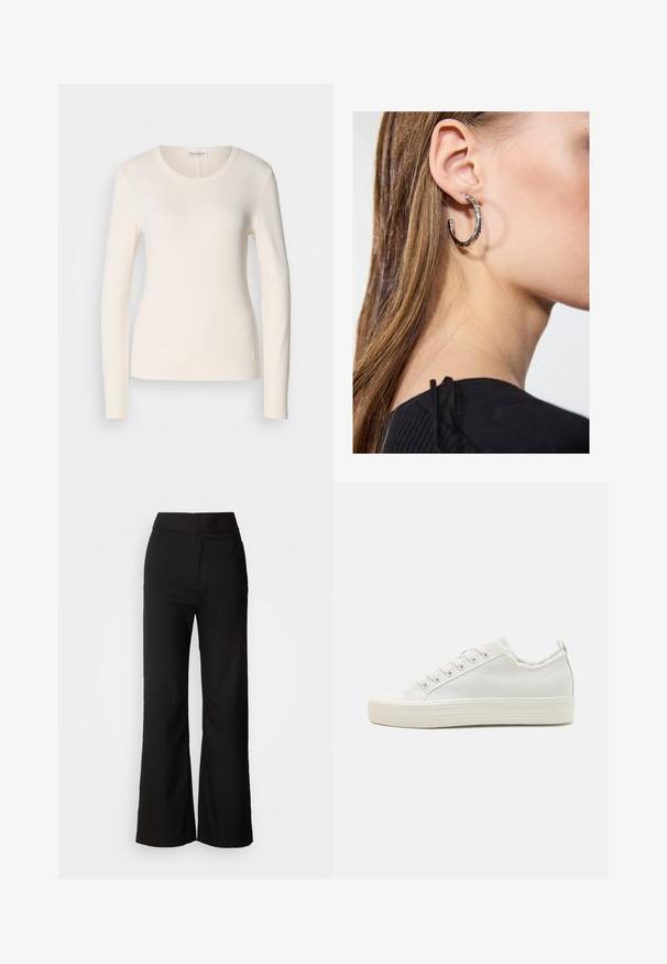 Långärmad T-shirt i krämfärgad bomull, med rund nacke, figurnära passform och en liten logotypdetalj vid fållen. Slät textur.; Svarta vida byxor med en slät textur, hög midja och en enkel design. Inga synliga fickor eller dekorationer.; Vita canvas-sneakers med en texturerad ovandel, rund tåhuvud, platt sula och snörning framtill. Har en något fransig krage och dragloopp.; Silverörhänge med polerad yta, med små detaljer i guld och rund form, bärs på loben.