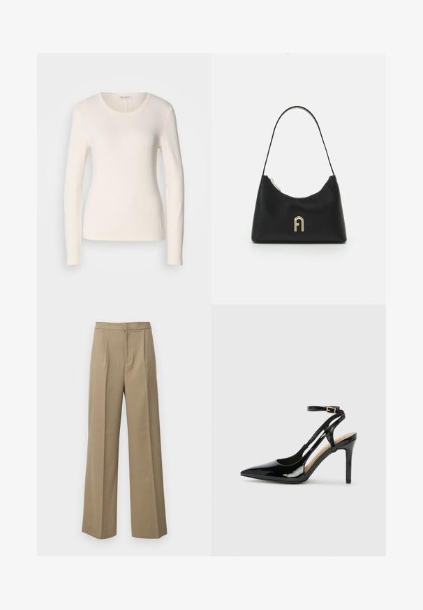 Langarm-T-Shirt aus cremefarbener Baumwolle mit Rundhalsausschnitt, taillierter Passform und einem kleinen Logo-Detail nahe dem Saum. Glatte Textur.; Beige weite Hosen aus einem strukturierten Stoff. Mit vorderen Falten und einem flachen Bund. Keine sichtbaren Verschlüsse oder Taschen.; Schwarze Patentleder-High-Heel-Slingback-Pumps mit spitzem Zeh, verstellbarem Knöchelriemen und offenen Seiten. Glatte Textur.; Schwarze Handtasche aus glattem Material, mit geschwungener Form, einem einzigen Tragegurt und einem goldfarbenen Logoakzent auf der Vorderseite.