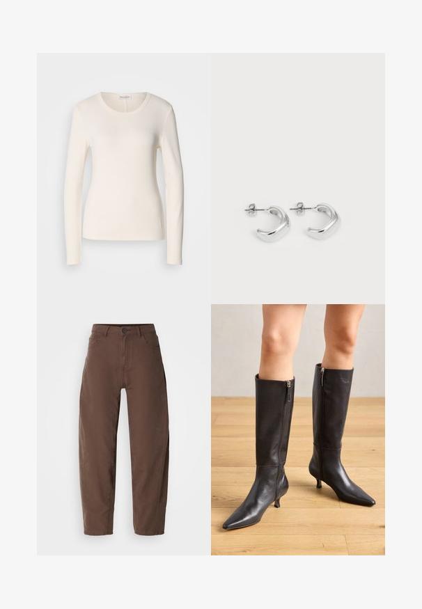T-shirt à manches longues en coton crème, avec un col rond, une coupe ajustée et un petit logo près de l'ourlet. Texture lisse.; Pantalons marron à jambes droites avec bouton avant et fermeture éclair, passants de ceinture et poches latérales, présentés sur un fond blanc.; Bottes en cuir noir, arrivant au genou, avec un bout pointu et un talon fin. Dotées de zips sur le côté pour un enfilage facile. Texture lisse et design élégant.; Boucles d'oreilles en argent en forme de hoops avec une finition lisse et polie. Forme ronde avec un design légèrement courbé et des bords fondus. Fermeture à pin.