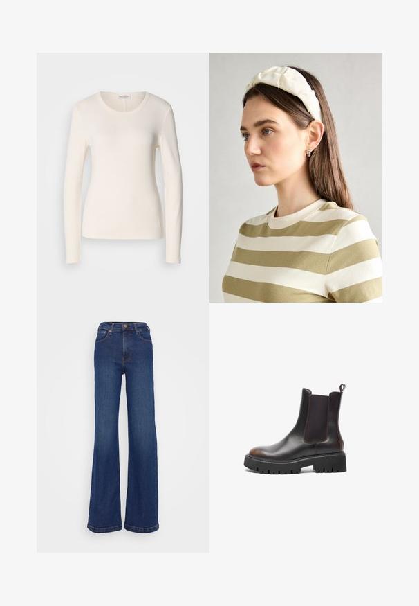 T-shirt de manga longa em algodão creme, com decote redondo, design ajustado e um pequeno detalhe de logótipo perto da bainha. Textura suave.; Jeans de perna larga feitos de denim azul-escuro. Apresentam uma cintura alta, design de cinco bolsos e costura subtil nas costuras.; Botas de tornozelo em pele castanha com painéis laterais elásticos, sola de borracha preta grossa, bico arredondado, costura contrastante e laço na parte de trás.; Fita de cabelo almofadada em creme com design torcido, acompanhada de uma camisa às riscas bege e branca com escote redondo. Acentos discretos em joias.