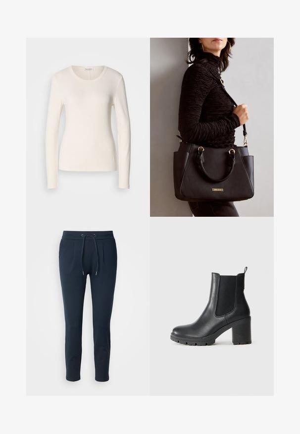 Hosszú ujjú krémszínű pamut póló, kerek nyakkivágással, testhezálló fazonban és kis logó részlettel az alján. Sima textúra.; Sötétkék, puha anyagból készült jogging nadrág, elasztikus derékpánttal és húzózsinórral, két oldalzsebbel és karcsúsított szabással.; Fekete bőr bokacsizma, elasztikus oldalsó panelekkel, masszív gumitalppal és magas tömbsarkú kivitelben. Hátul húzófüllel rendelkezik.; Fekete kézitáska texturált felülettel, dupla felső fogantyúval és állítható vállpánttal. Arany színű fém kiegészítők és oldalsó zsebek találhatók rajta.