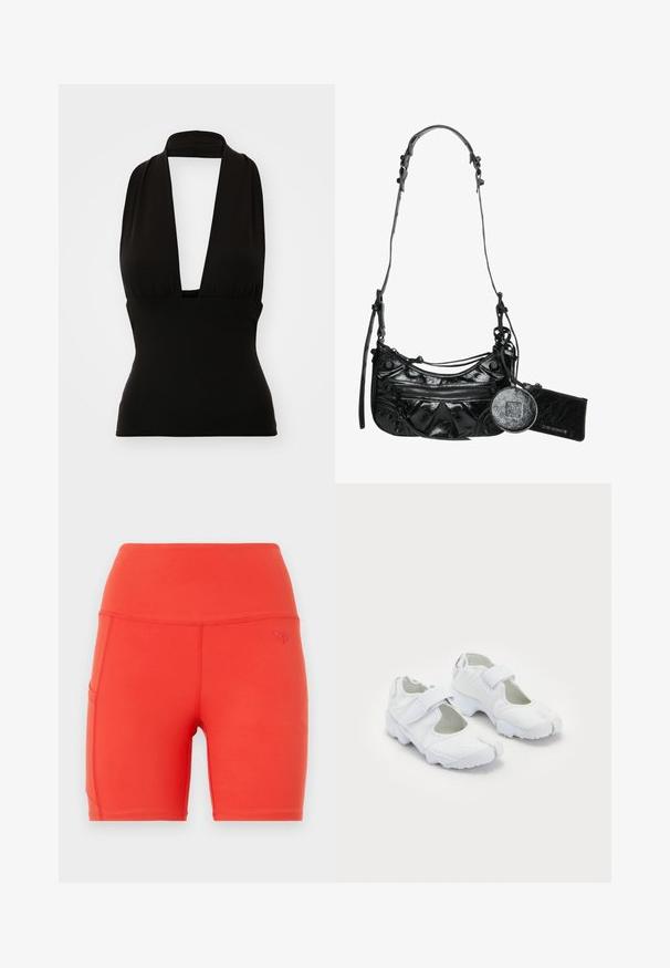 Top halter negru fabricat dintr-un material elastic. Are un decolteu adânc în V și o croială care pune în valoare silueta. Textură netedă, fără motive vizibile sau accesorii.; Șorturi atletice roșii cu talie înaltă, fabricate dintr-un material neted și elastic. Au un buzunar lateral și un mic logo embossat.; Pantofi sport albi cu un superior texturat, curea ajustabilă cu Velcro, vârf rotund și o talpă groasă cu un model de rulare distinct.; Geantă din piele sintetică neagră, cu un design curbat, buzunar frontal cu fermoar și accesorii decorative, având un portmoneu rotund detașabil.; Culoare aurie a unui medalion elegant cu un lanț fin și un pandantiv ornamental cu detalii intricate și o suprafață texturată, evidențiind un design unic.