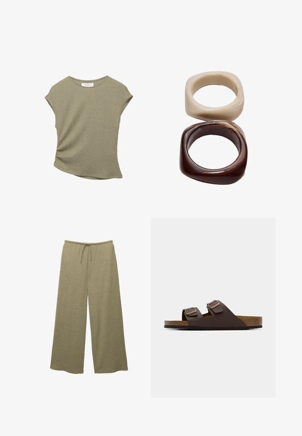 Olive green, short-sleeve top with a textured ribbed fabric. Features a gathered detail on the side and a slightly curved hem.; Wide-leg pants made of textured olive green fabric, featuring a drawstring waistband. Simple, straight cut with no additional accents.; Brown, flat slide sandal with two adjustable straps. Made of a smooth material, featuring a cork footbed and textured rubber sole.; Stradivarius SET - Bracelet - dark brown