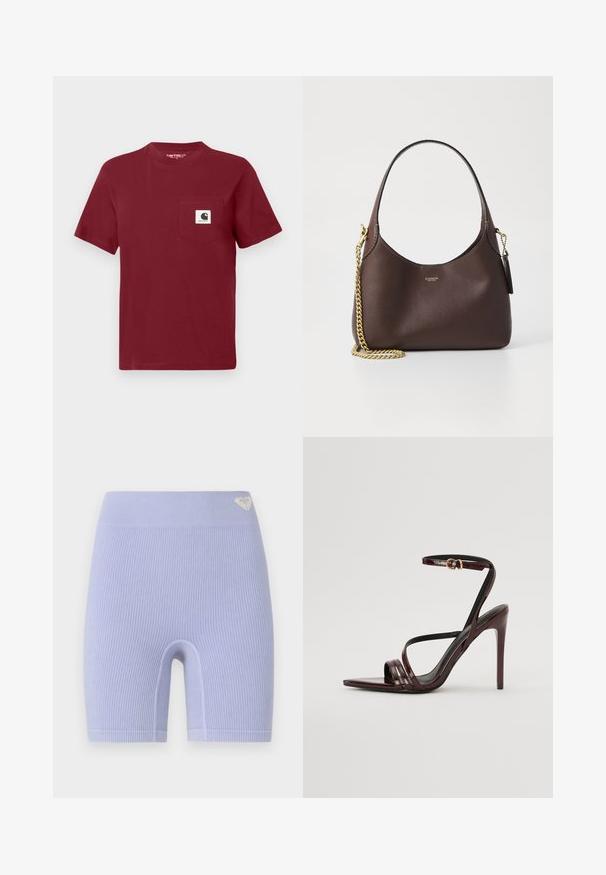Czerwona koszulka krótki rękaw, wykonana z bawełny, z kieszenią na lewej piersi z białą łatką z logo. Okrągły dekolt, luźny krój.; Prążkowane spodenki rowerowe w kolorze lawendowym z wysokim stanem. Posiadają mały akcent logo po lewej górnej stronie. Prosty, dopasowany krój.; Bordowe lakierowane sandały na obcasie z paskiem wokół kostki, spiczastym noskiem i trzema poziomymi paskami na stopie. Złocona klamra.; COACH BROOKLYN ciemnobrązowy