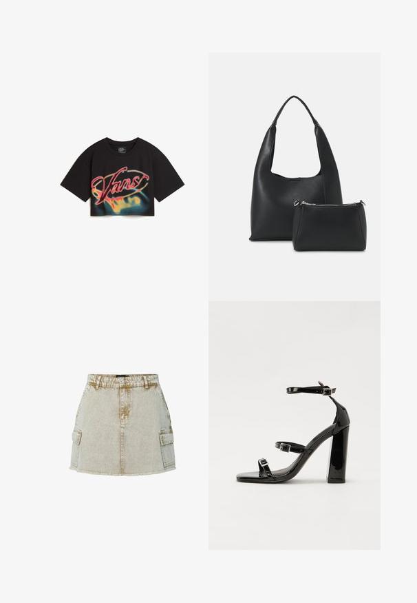 Vans AFITERBURN RELAXED CROP - T-shirt imprimé - black; Jupe en denim beige avec un ourlet effiloché, deux poches latérales et une fermeture à boutons classique. Le tissu a une finition légèrement texturée.; Sandales à talons vernies noires avec un bout carré, des sangles autour de la cheville et des boucles en argent. Dotées d'un talon bloc épais pour plus de stabilité.; Even&Odd Sac à main - black
