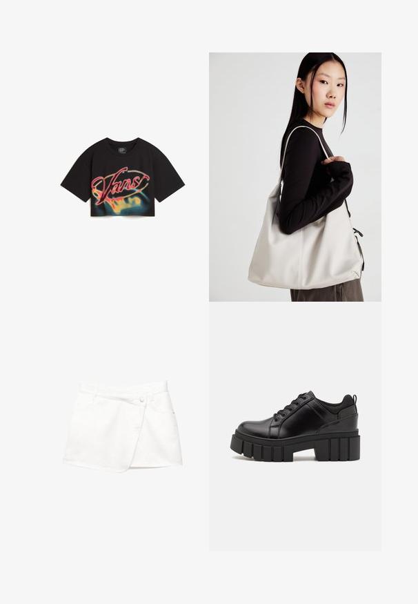 Vans AFITERBURN RELAXED CROP - T-Shirt print - black; Weißer Denim-Minirock mit Wickeldesign, ausgestattet mit einem Knopfverschluss vorne, zwei Seitentaschen und einem glatten, texturierten Stoff.; Schwarze Lederplateauschuhe mit klobigem Blockabsatz, runder Zehenpartie und traditionellem Schnürdesign. Verfügt über eine glatte Textur und minimale Details.; Beige Handtasche aus weichem Material, mit einem lässigen Design, gesteppten Details und zwei Schulterriemen. Geeignet für den täglichen Gebrauch.
