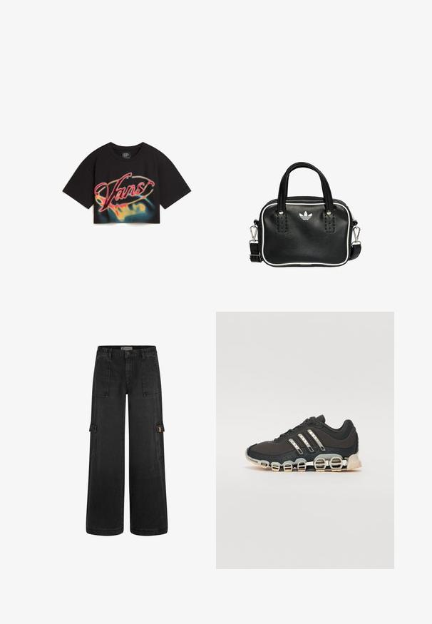 Vans AFITERBURN RELAXED CROP - T-shirt print - black; Zwarte cargobroek met een ontspannen pasvorm, elastische tailleband, meerdere voorzakken en zijvakjes. Gemaakt van duurzaam denim materiaal.; Zwarte sportschoen met een gestructureerde bovenkant, drie zilveren strepen en een kenmerkende dempingszool met meerdere geïntegreerde secties.; Zwarte leren handtas met twee korte handvatten, zilverkleurige hardware, witte accenten en een wit logo. Heeft een gestructureerd oppervlak en een compact ontwerp.