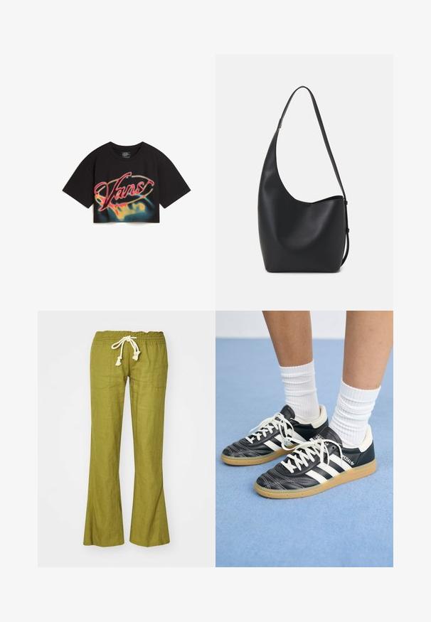 Vans AFITERBURN RELAXED CROP - T-shirt med print - black; Gröna linnebyxor med utsvängd design, elastisk midja och justerbar dragsko. Har två sidofickor och en slät yta.; Svarta lädersneakers med vita ränder, rund tå, vita snören och sula av gummirubber. Betonar en vadderad krage och varumärkesdetaljer.; Svart läder hobo-väska med en slät textur, kurvig form och en justerbar axelrem; har en bred öppning upptill.