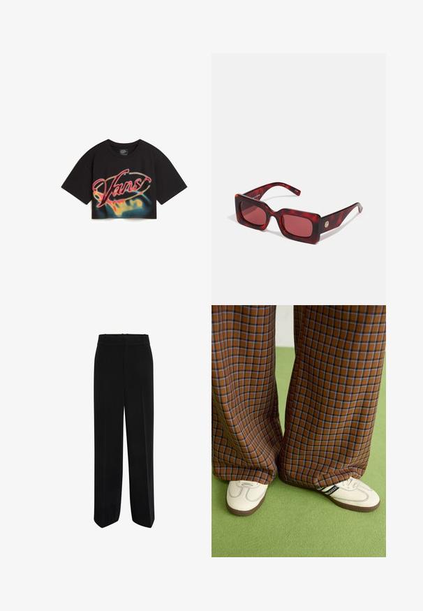 Vans AFITERBURN RELAXED CROP - Printtipaita - black; Mustat leveälahkeiset housut, joissa on sileä kangas, korkea vyötärö ja litteä etuosa ilman taskuja tai koristeita.; Ruskonsin ja sininen ruutukuvioinen leveälahkeinen housut yhdistettynä valkoisiin kenkiin, joissa on mustia yksityiskohtia ja tekstuuripohjat, vihreää taustaa vasten.; Punaväriset suorakulmaiset aurinkolasit paksulla kilpikonnakuosisella kehykset. Sisältää kultasävyisen yksityiskohdan tempurin päällä. Sujuva pinta ja kiiltävä viimeistely.