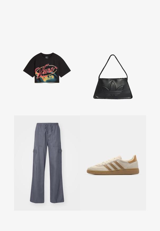 Vans AFITERBURN RELAXED CROP - T-shirt print - black; Grijze cargo-broeken met een trekkoord in de taille, wijde pijpen en twee zijzakken. Gemaakt van een zachte, lichte stof.; Beige suède sneakers met lichtbruine accenten. Voorzien van drie bruine stripes, een textuur rubberen zool en een afgeronde neus.; Zwarte leren handtas met een trapeziumvorm, voorzien van een verhoogd Adidas logo ontwerp en een dunne schouderband. Ritsluiting aan de bovenkant.