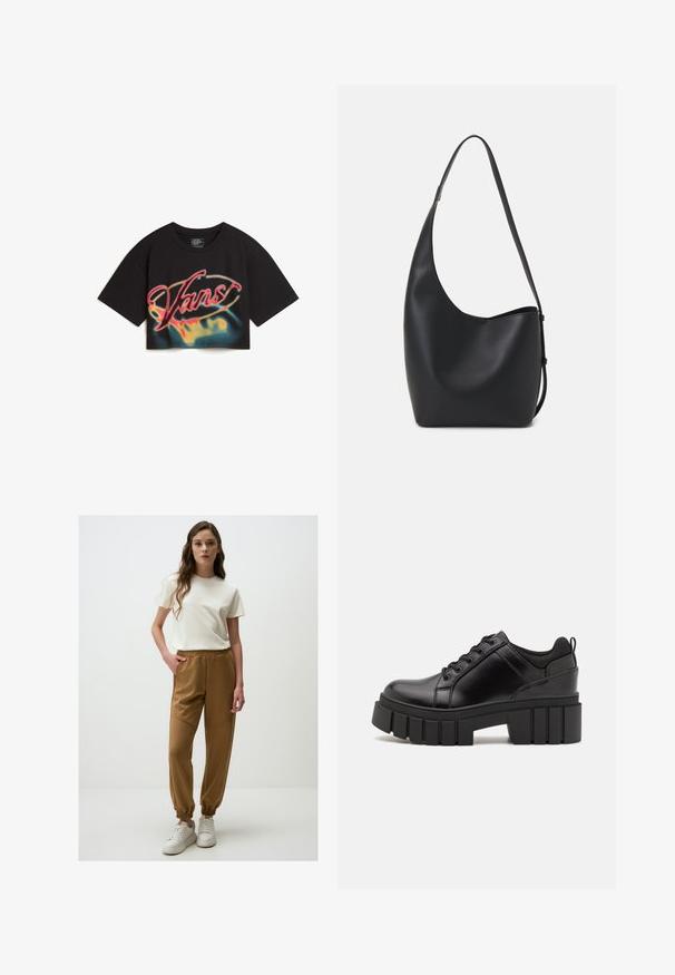 Vans AFITERBURN RELAXED CROP - Print T-shirt - black; Light beige short-sleeve t-shirt paired with brown, tapered sweatpants featuring an elastic waistband and cuffed ankles. White sneakers complete the look.; Black leather platform shoes with a chunky block heel, round toe, and traditional lace-up design. Features smooth texture and minimal detailing.; Black leather hobo bag with a smooth texture, curved shape, and single adjustable strap; features a wide opening at the top.