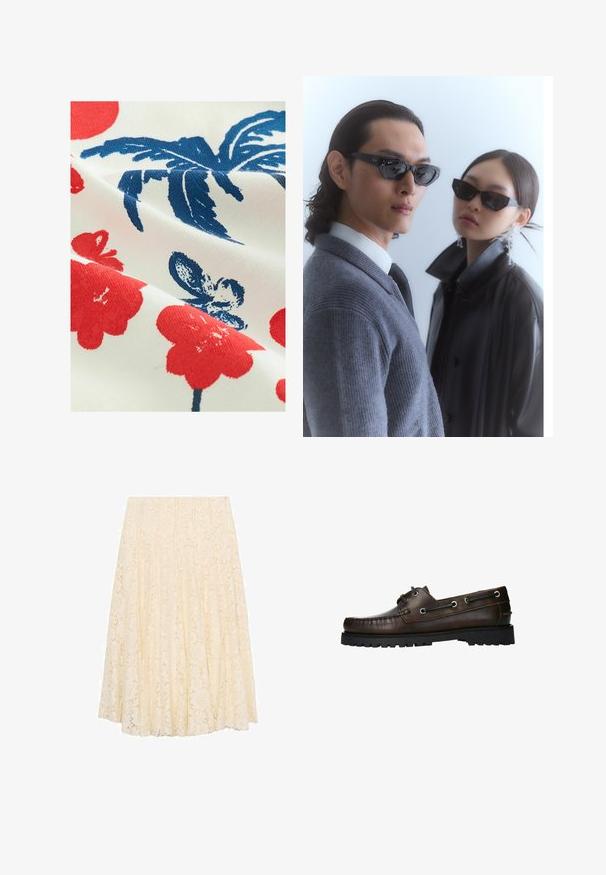 Tissu en coton avec un fond blanc présentant des motifs floraux rouges et des designs de feuilles bleues, mettant en valeur une finition imprimée texturée.; Jupe midi en dentelle crème avec un motif floral, design plissé et texture lisse. La taille est plate et la longueur arrive sous le genou.; Chaussure de bateau en cuir marron avec des coutures de style mocassin, des œillets en métal et une semelle en caoutchouc noir texturé.; Lunettes de soleil avec une monture noire angulaire sur un mannequin portant un pull gris, mettant en valeur un tricot texturé et une veste en cuir noir portée par un autre mannequin.; Sac à épaule en toile navy avec une forme douce et structurée, doté d'une sangle noire, de détails cousus et d'une petite étiquette de marque.