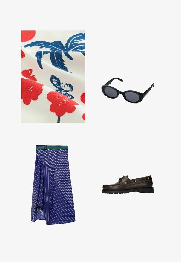 Katoenen stof met een witte achtergrond, bedekt met rode bloempatronen en blauwe bladeren, met een gestructureerde, bedrukte afwerking.; Blauwe rok met diagonale witte strepen en een groen-witte gestreepte riem met een zilveren gesp. Lichtgewicht, soepel materiaal met een split.; Bruine leren bootschoen met moccasinstiksel, metalen oogjes en een gestructureerde zwarte rubberen zool.; Zwarte ovale zonnebril met donkere lenzen, dikke kunststof montuur, licht gebogen ontwerp en gouden logo-detail op de poot.; Marine canvas schoudertas met een zachte, gestructureerde vorm, voorzien van een zwarte strap, gestikte details en een klein merketiket.