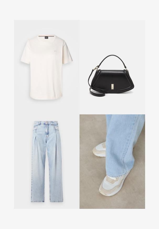 Fehér pamut póló rövid ujjakkal, kerek nyakkivágással és egy kis logóval a mellkason. Simaszerű textúra és egyenes szegély.; Világoskék farmernadrág magas derekú, bő szabású, két oldalsó zsebbel és pliszírozott dizájnnal. Puha tapintású, elhalványított felület.; Beige és fehér sportcipők, hálós és velúr anyagból, kerek orral és gumitalppal, világoskék farmerral párosítva.; Fekete bőr kézitáska, strukturált dizájnnal, rövidített formával, felső fogantyúval és arany színű kiegészítőkkel. Állítható vállpánt is tartozik hozzá.