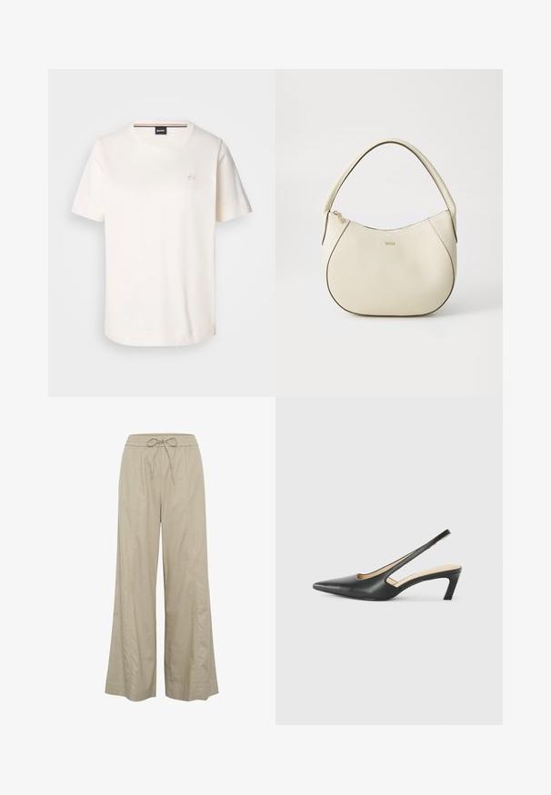 T-shirt blanche en coton à manches courtes, col rond et avec un petit logo sur la poitrine. Texture lisse et ourlet droit.; Pantalons beige à jambes larges en tissu léger, dotés d'une taille élastique avec cordon de serrage et de poches latérales. Texture lisse, design minimaliste.; Slingback noir à bout pointu avec un petit talon, en cuir lisse et doté d'un design découpé sur le côté pour plus de respirabilité.; Sac à main couleur crème avec une finition texturée, forme courbée, anses courtes et détail de logo doré. Fermeture éclair sur le dessus.