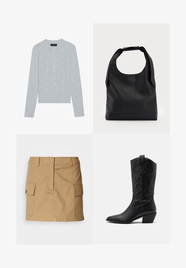 Svetlo sivi kardigan s dolgimi rokavi in okroglo izrezom, ki ima placket s petimi gumbi z okroglimi, sijočimi gumbi in prilegajočim dizajnom.; Khaki bomba krilo z oblikovanim pasom, dvema stranskima žepoma z zaskočno zaprtje in ravnim krojem. Trajna tkanina z gladko teksturo.; Črne usnjene kavalirske čevlje s koničastim nosom, embosiranimi valovitimi vzorci in srednje visokim peto. Imajo zanko za enostavno obuvanje.; Črna usnjena torba hobo z enim mehkobnim, okroglim ročajem; ima gladko teksturo in minimalističen dizajn. Brez vidnih kovinskih delov ali poudarkov.
