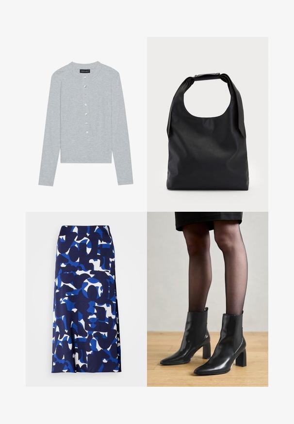 Ljusgrå långärmad kofta med rund halsringning, med en femknappsknäppning med runda, glansiga knappar och en figursydd design.; En knälång kjol i en slät textil med en marinblå bas och djärva blå och vita abstrakta former och mönster genomgående.; Svarta läderankelstövlar med spetsig tå, kraftig kvadratisk klack och en slank design. Har elastiska sidopaneler för enkel påtagning.; Svart läder hobo-väska med ett enda, mjukt, rundat handtag; har en slät textur och en minimalistisk design. Ingen synlig hårdvara eller detaljer.; Guldörhängen i form av ringar med en texturerad, oregelbunden form. Har en sömlös stängning och en polerad yta som betonar en modern design.