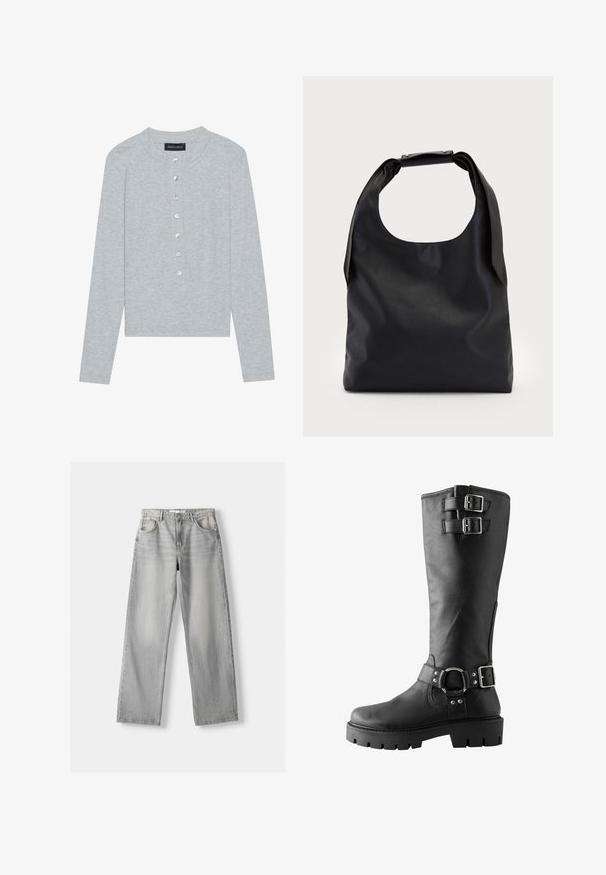 Hellgraue, langärmlige Strickjacke mit Rundhalsausschnitt, die über eine Fünf-Knopf-Leiste mit runden, glänzenden Knöpfen und einem taillierten Schnitt verfügt.; Helle graue Jeans aus Denim mit geradem Bein, ausgestattet mit zwei vorderen Taschen, einem Knopfverschluss und subtilen Abnutzungen für Struktur.; Next Plateaustiefel - mottled black; Schwarze Leder-Hobo-Tasche mit einem einzelnen, weichen, abgerundeten Griff; verfügt über eine glatte Textur und ein minimalistisches Design. Keine sichtbaren Beschläge oder Akzente.