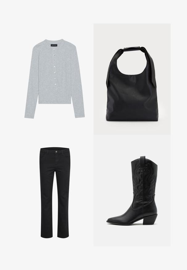Cardigan lungo grigio chiaro a maniche lunghe con scollo rotondo, dotato di una patta con cinque bottoni rotondi e lucidi e un design aderente.; Pantaloni di denim neri con design a gamba dritta, dotati di due tasche frontali e un singolo bottone in metallo in vita. Texture liscia.; Stivale da cowboy in pelle nera con punta affusolata, motivi ondulati in rilievo e tacco di altezza media. Dotato di un pratico passante per indossarlo facilmente.; Borsa hobo in pelle nera con un manico unico, morbido e arrotondato; presenta una texture liscia e un design minimalista. Nessun hardware o accenti visibili.