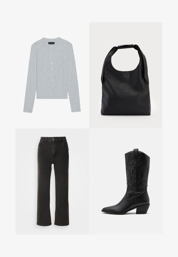 Cárdigan gris claro de manga larga con un escote redondo, que cuenta con una tapeta de cinco botones con botones redondos y brillantes, y un diseño ajustado.; Vaqueros anchos negros de mezclilla, con cierre frontal de botón, trabillas para el cinturón y cinco bolsillos, con una textura ligeramente deslavada.; Botas de vaquero de cuero negro con punta afilada, patrones en relieve en espiral y un tacón de altura media. Presentan una lengüeta para facilitar el uso.; Bolso hobo de cuero negro con un solo asa suave y redondeada; presenta una textura lisa y un diseño minimalista. Sin hardware visible ni acentos.