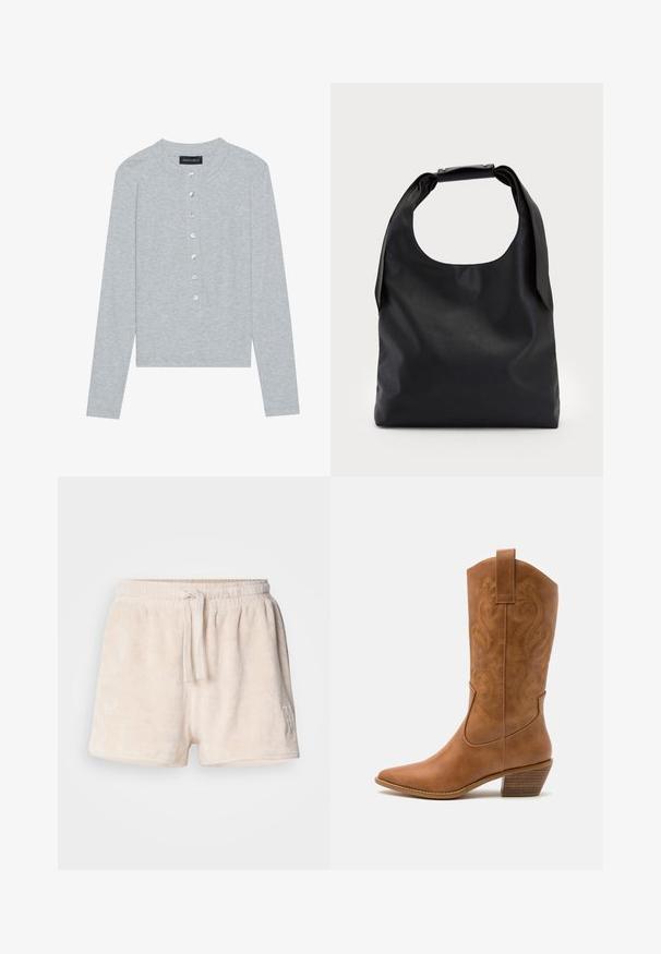 Cárdigan gris claro de manga larga con un escote redondo, que cuenta con una tapeta de cinco botones con botones redondos y brillantes, y un diseño ajustado.; Pantalones cortos de forro polar color crema con cintura elástica, cierre de cordón y detalle bordado en la parte inferior izquierda. Tejido suave y texturizado.; Bota de vaquero de cuero marrón claro con punta afilada, patrones de espiral bordados en el tubo y un tacón bloque apilado. Cuenta con una pestaña de agarre para facilitar su uso.; Bolso hobo de cuero negro con un solo asa suave y redondeada; presenta una textura lisa y un diseño minimalista. Sin hardware visible ni acentos.; Pendiente de aro de plata con un acabado pulido, que presenta pequeños detalles en dorado y una forma redonda, llevado en el lóbulo.
