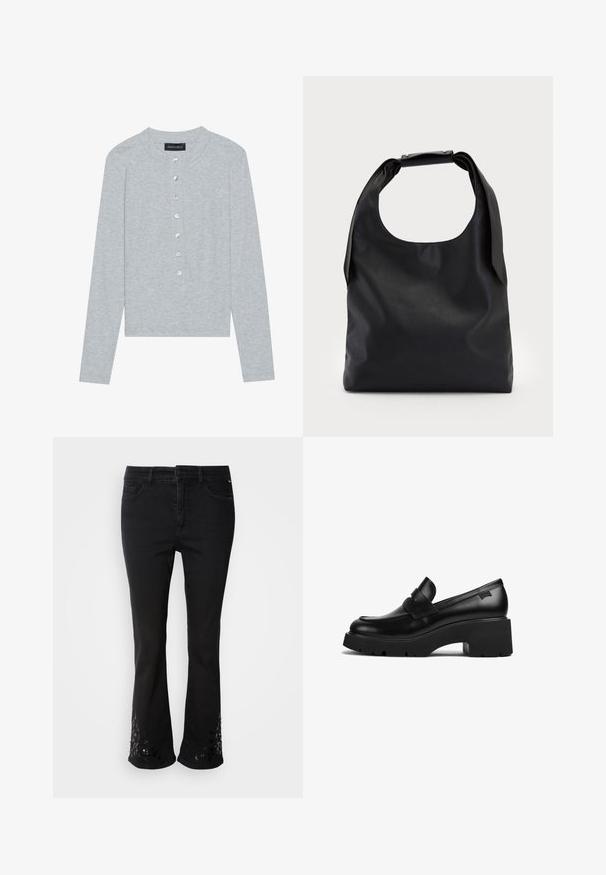 Helehall pikkade varrukatega kardigan ümmarguse kaelusega, mis sisaldab viie nupuga nööpplagitatsiooni ümmarguste läikivate nuppudega ja kitsast disaini.; Mustad denim flared teksad kaunistatud litritega mustri ääres, viie taskuga, vöökohaga ja ees nupuga kinnitusega.; Must musta jalgadega must nahast lohvik, paksu tallaga ja rihmaga ülevalt, kujutatud külgvaates valgel taustal.; Must коммерcный кott sa больше, с хорошоииr rAlpha-gaind да спинай ониигякца; и Storeup вocusedайфиқатяk санжинг ын ал trustだ রতাє 적에и; Hõbedane rõngas kõrvarõngas poleeritud viimistlusega, millel on väikesed kuldsed aktsendid ja ümmargune kuju, kantud lobus.