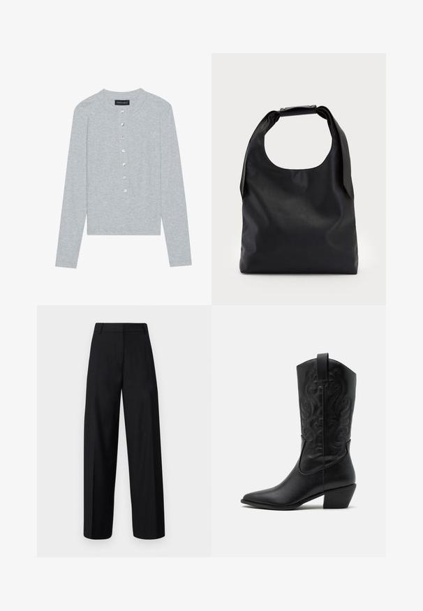 Light gray long-sleeve cardigan with a round neckline, featuring a five-button placket with round, shiny buttons and a fitted design.; Rouge Edit VISADIE TROUSER - Trousers - meteorite; Black leather cowboy boot with pointed toe, embossed swirling patterns, and a mid-height heel. Features a pull tab for easy wear.; Black leather hobo bag with a single, soft, rounded handle; features a smooth texture and a minimalist design. No visible hardware or accents.