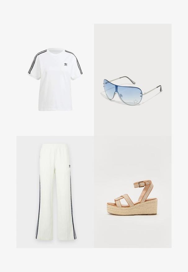 Balts kokvilnas T-kreklis ar īsām piedurknēm, apaļu kaklu un melnām vertikālām svītrām uz pleciem, ar mazu melnu logotipu uz krūšu.; Gaiši krēmkrāsas bikses ar apļveida adījumu un platām kāju daļām. Tās ir aprīkotas ar tumši zilām sānu svītrām un Adidas logotipu uz gurna. Elastīga jostasvieta.; Wedge sandales ar jutu zoli, beige auduma augšdaļa un divi krusta siksnas. Regulējama potītes siksna ar metāla sprādzi.; Pilotstila saulesbrilles ar gradienta zilām lēcām, sudraba metāla rāmjiem un dekoratīvām zvaigžņu akcentiem uz lēcām. Gluda un eleganta dizaina.