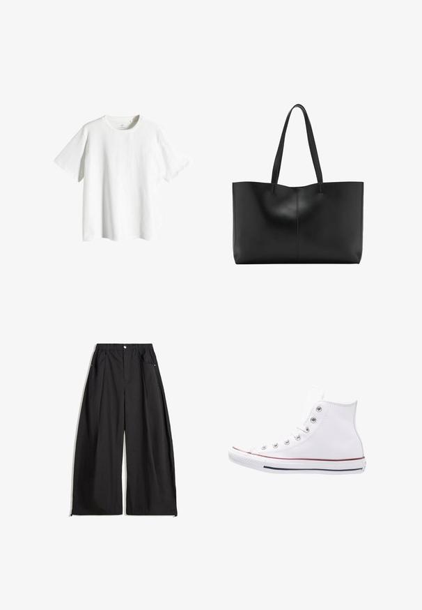 Biele bavlnené tričko s okrúhlym výstrihom, krátkymi rukávmi a voľným strihom. Hladká textúra, bez vzorov alebo akcentov.; Čierne široké nohavice s vysokým pásom, so záhybmi, predným zapínaním na gombík a dvomi bočnými vreckami. Vyrobené z látky s textúrovaným povrchom.; Biele vysoké tenisky vyrobené z kože, s striebornými očkami, gumovou špičkou a červeným a námorníckym pásom na podrážke.; Čierna kožená kabelka s dvoma dlhými uchami, elegantný dizajn a jemné stehy pozdĺž stredného švu. Hladká textura.