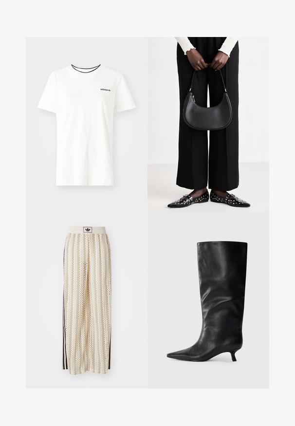 Witte katoenen t-shirt met korte mouwen en een ronde halslijn. Heeft een zwart Adidas-logo op de borst en een contrasterende zwarte binnenkraag.; Crème kleurige wijde broek met een zigzagpatroon, met een zwarte logo tailleband en zij zwarte strepen. Lichtgewicht, gestructureerde stof.; Zwarte leren kniehoogte laars met een spitse neus en lage kittenheel, weergegeven op een effen lichte achtergrond.; Zwarte lederen schoudertas met een ronde vorm, glanzende afwerking en zilverkleurige hardware. Persoon in zwarte wijde broek en gestifte loafers.