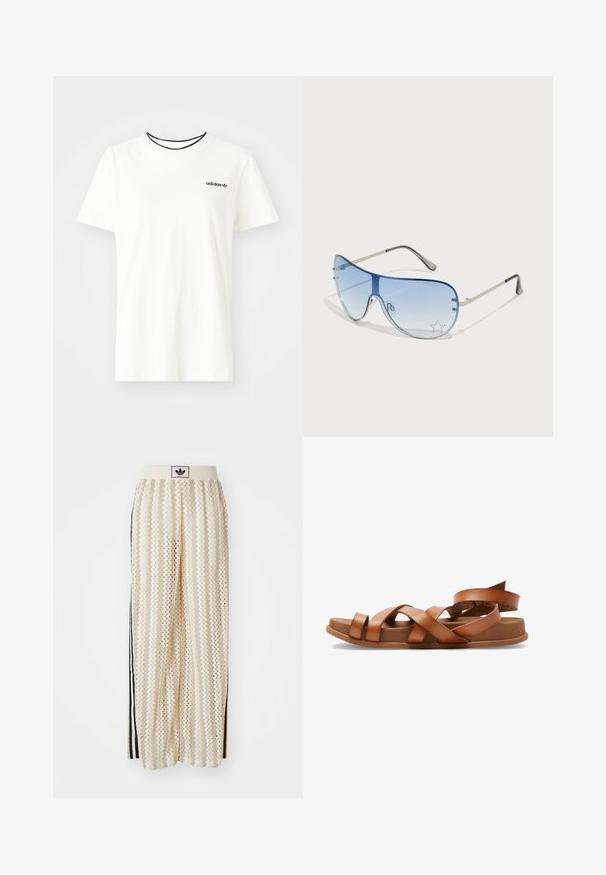 Valge puuvillasest t-särgist lühikeste varrukatega ja ümarate kaelustega. Rinnal on must Adidas'i logo ning kontrastne must sisekaelus.; Kreemivärvilised lai säärega püksid, millel on siksakmustrit, must logoga vööp ja külgmised mustad triibud. Kerge, tekstureeritud kangas.; Prunad nahk sandaalid ristipidi rihmadega, tasaste talladega ja veidi tõstetud kandadega. Pehme tekstuur ja minimalistlik disain.; Aviatori prillid, millel on gradient sinine objektiiv, hõbedane metallraam ja dekoratiivsed staaraktsendid objektiivil. Sujuv ja stiilne disain.