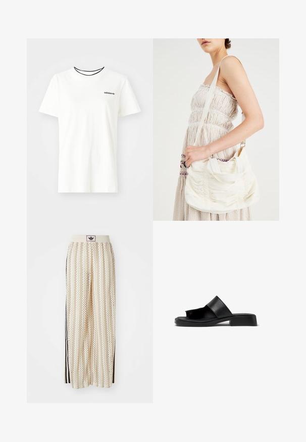 White cotton t-shirt with short sleeves and a round neckline. Features a black Adidas logo on the chest and a contrasting black inner collar.; Cream-colored wide-leg pants with a zigzag pattern, featuring a black logo waistband and side black stripes. Lightweight, textured fabric.; Camper DANA - Sandals - schwarz; White fabric shoulder bag with gathered texture, adjustable strap, and silver hardware. Displayed alongside a cream-colored dress.