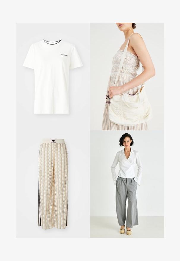 Balta kokvilnas T-krekls ar īsām piedurknēm un apļveida kakla izgriezumu. Piedāvā melnu Adidas logotipu uz krūtīm un kontrastējošu melnu iekšējo apkakli.; Krēmbalti plaša piegriezuma bikses ar zigzaga rakstu, ar melnu logotipa jostu un melnām sānu svītrām. Viegls, teksturēts audums.; Baltas blūze ar apkakli, apvienota ar pelēkiem svītrainiem platām biksēm un brūniem platformas apaviem. Gluda auduma un brīvs piegriezums.; Balta auduma plecu soma ar savelku tekstūru, regulējamu siksnu un sudraba furnitūru. Izvietota blakus krēmkrāsas kleitai.