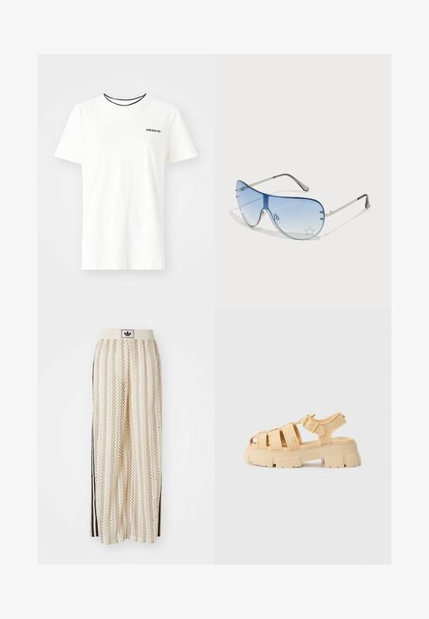 Weißes Baumwoll-T-Shirt mit kurzen Ärmeln und rundem Halsausschnitt. Mit einem schwarzen Adidas-Logo auf der Brust und einem kontrastierenden schwarzen Innenkragen.; Cremfarbene, weit geschnittene Hosen mit einem Zickzackmuster, ausgestattet mit einem schwarzen Logo-Bund und seitlichen schwarzen Streifen. Leichter, strukturierter Stoff.; Beige Plattform-Sandalen mit geflochtenen Riemen und einer Schnalle. Chunky-Sohle mit strukturiertem Finish. Offenes Zehendesign. Leicht und lässig.; Flugzeugbrille mit einem verlaufenden blauen Glase, silbernem Metallrahmen und dekorativen Sternelementen auf dem Glas. Glattes und elegantes Design.