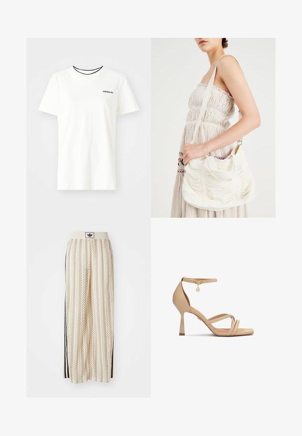 Valge puuvillasest t-särgist lühikeste varrukatega ja ümarate kaelustega. Rinnal on must Adidas'i logo ning kontrastne must sisekaelus.; Kreemivärvilised lai säärega püksid, millel on siksakmustrit, must logoga vööp ja külgmised mustad triibud. Kerge, tekstureeritud kangas.; Naha nahk kõrgema kontsaga sandaalid, millel on pahkluu rihm, ristuvad rihmad varvaste juures, ümar varvaskarp ja kuldne metalldetail.; Valge kangast õlakott, millel on kogutud tekstuur, reguleeritav rihm ja hõbedased detailid. Kuvatud kreemivärvilise kleidi kõrval.