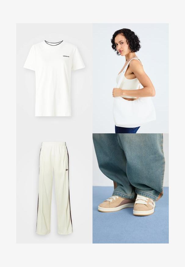 T-shirt de algodão branca com mangas curtas e decote redondo. Apresenta um logo preto da Adidas no peito e uma gola interna preta em contraste.; Calças de moletom de cor creme com um ajuste descontraído, apresentando riscas laterais castanhas-escuras e um logótipo bordado na coxa esquerda.; Sapatilhas bege em materiais de camurça e tecido, com atacadores brancos, realces castanho claro e uma sola texturizada. Usadas com calças de ganga azul largas.; Bolsa de ombro branca feita de material liso, apresentando um recorte oval e um design de alça larga. Simples e moderna, sem hardware visível.