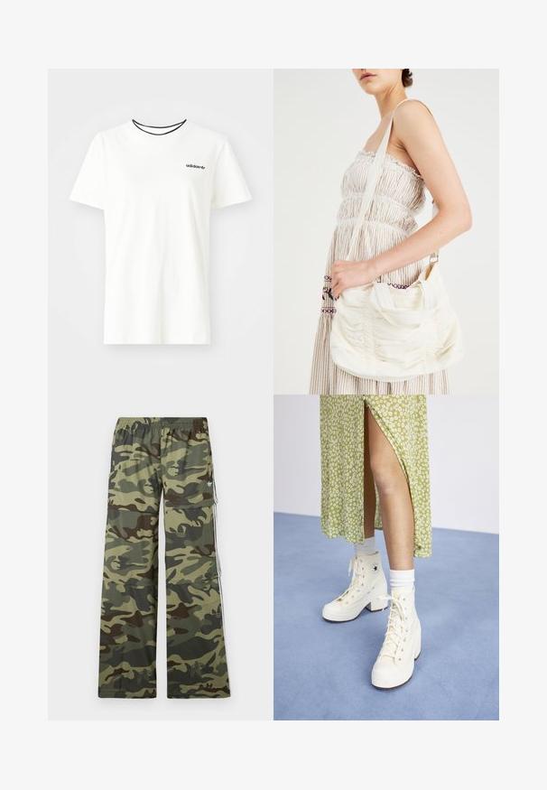 Valkoinen puuvillainen t-paita lyhyillä hihoilla ja pyöreällä kaula-aukolla. Rinnassa musta Adidas-logo ja erottuva musta sisäkaulus.; Vihreän ja ruskean sävyissä camo-kuvioidut cargo-housut, joissa on leveä lahjemuoto, joustava vyötärö ja sivutaskut, joissa on raidat.; Valkoiset korkeavartiset platofrma-tennarit nauhoilla ja hopeisilla silmukoilla, yhdessä valkoisten nilkkasukkien kanssa, vaaleansinistä lattiaa vasten.; Valkoinen kangaskassi, jossa on kerrostettu pinta, säädettävä olkahihna ja hopeiset yksityiskohdat. Esillä kermaisen värisen mekon vieressä.