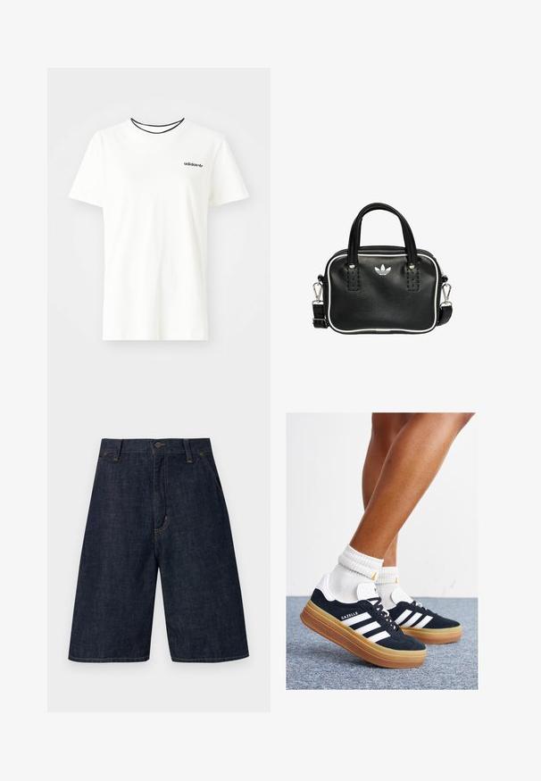 White cotton t-shirt with short sleeves and a round neckline. Features a black Adidas logo on the chest and a contrasting black inner collar.; Dark blue denim shorts with a straight cut, featuring a button closure, five pockets, and visible yellow stitching along the seams.; Black suede sneakers with white stripes and accents, rounded toe, gum rubber outsole, paired with white ribbed crew socks.; Black leather handbag with two short handles, silver hardware, white accents, and a white logo. Features a textured surface and compact design.