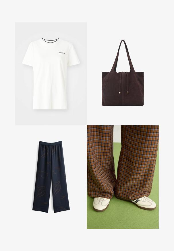 Witte katoenen t-shirt met korte mouwen en een ronde halslijn. Heeft een zwart Adidas-logo op de borst en een contrasterende zwarte binnenkraag.; Navy wijde broek van stof met een gestructureerde afwerking, met abstracte bruine patronen en een elastische tailleband voor comfort.; Bruine en blauwe geruite wijde broek, gecombineerd met witte schoenen met zwarte accenten en een gestructureerde zool, gezet tegen een groene achtergrond.; Mango Shopper - dark brown