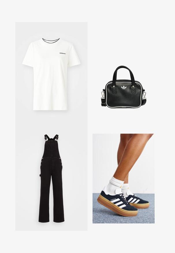 Hvid bomulds t-shirt med korte ærmer og rund halsudskæring. Har et sort Adidas-logo på brystet og en kontrasterende sort indvendig krave.; Sorte denim overalls med brede ben, justerbare stropper, knapper i siden og frontlommer. Glat tekstur og robust stof.; Sorte sneakers i ruskind med hvide striber og detaljer, rundet tå, ydersål i gummi, kombineret med hvide ribstrikkede crew sokker.; Sort læderhandtaske med to korte håndtag, sølvhardware, hvide accenter og et hvidt logo. Har en struktureret overflade og et kompakt design.