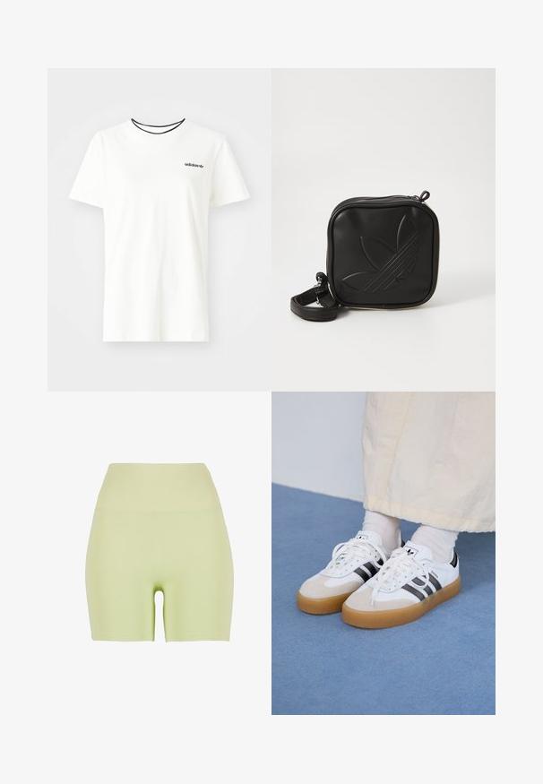Valkoinen puuvillainen t-paita lyhyillä hihoilla ja pyöreällä kaula-aukolla. Rinnassa musta Adidas-logo ja erottuva musta sisäkaulus.; Korkeavyötäröiset, vaaleanvihreät shortsit, jotka on valmistettu joustavasta kankaasta. Sileä pinta; vartalonmyötäinen muotoilu, jossa on pyöreä aukko alas selässä.; Valkoiset tennis kengät, joissa on mustia raitoja ja vaaleanruskeita mokka-yksityiskohtia. Varustettuna textuurilla varustetulla kumipohjalla ja tasaisilla valkoisilla kengännauhoilla, käytetään vaaleiden sukkien kanssa.; Mustikka neliö muotoinen olkalaukku, joka on valmistettu teksturoidusta synteettisestä materiaalista. Varustettu kohotetulla logolla ja säädettävällä hihnalla. Vetoketjukiinnitys.